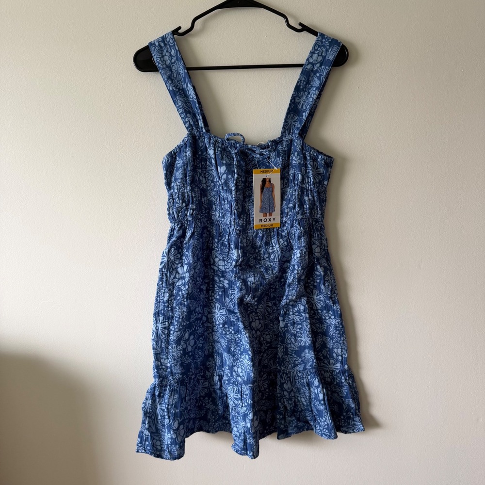 Roxy Womens Blue Floral Smocked Tiered Cotton Mini Dress Medium NWT